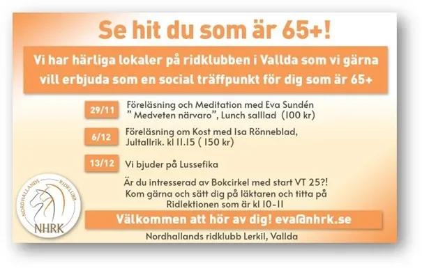 Se hit du som är 65+! – Information om föreläsningar och social träffpunkt på Nordhallands Ridklubb i Vallda
